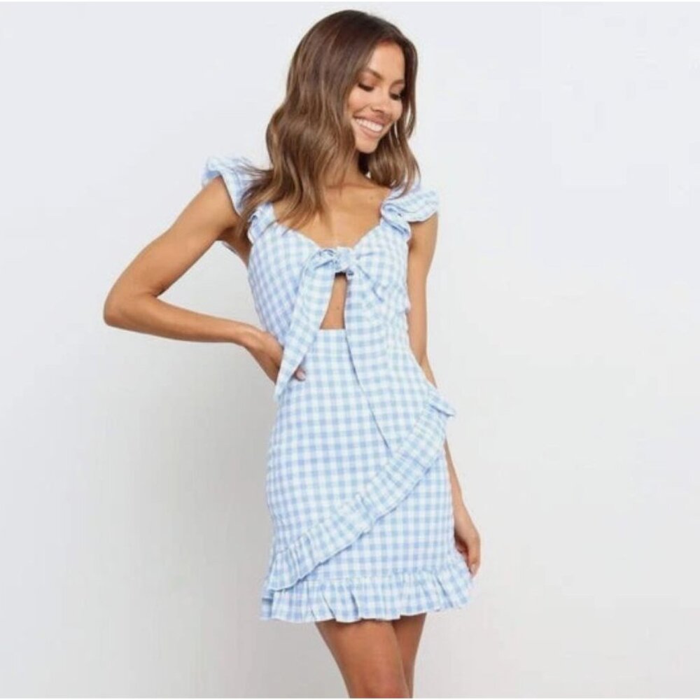 Sndys Adora V-Neck Sleeveless Ruffle Lined Zipper Dress Size S Blue Gingham